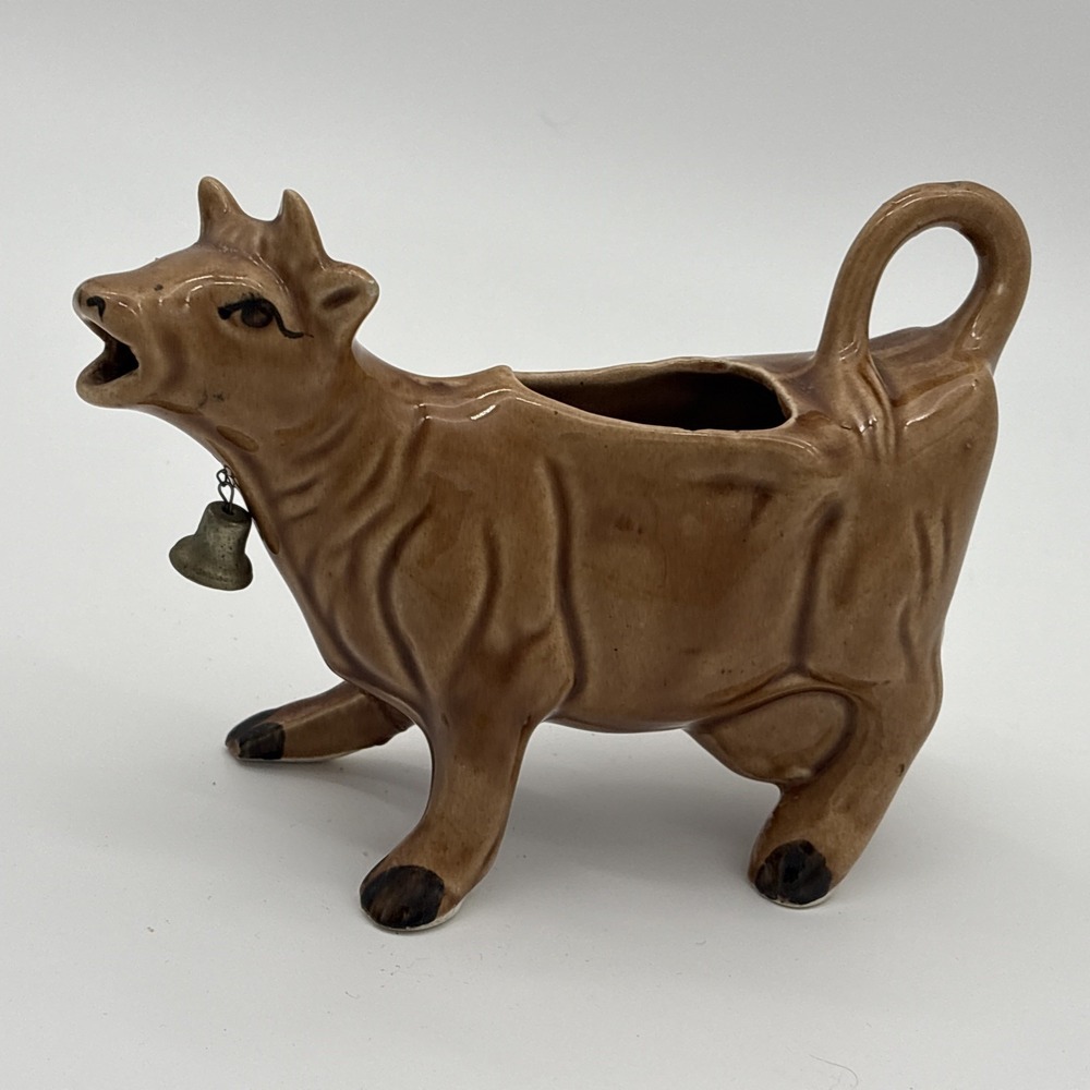 Vintage Ceramic Jersey Cow Creamer Brown Glazed Novelty Pitcher with Cowbell - Picture 4 of 8